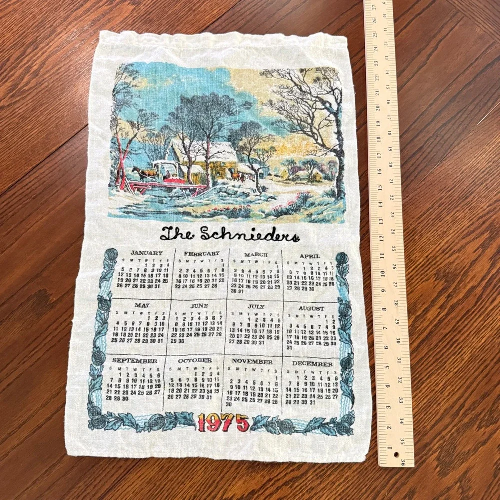 Vintage 1970s Linen Calendar Towels Lace Runner Floral Cloth Bundle 4pc
